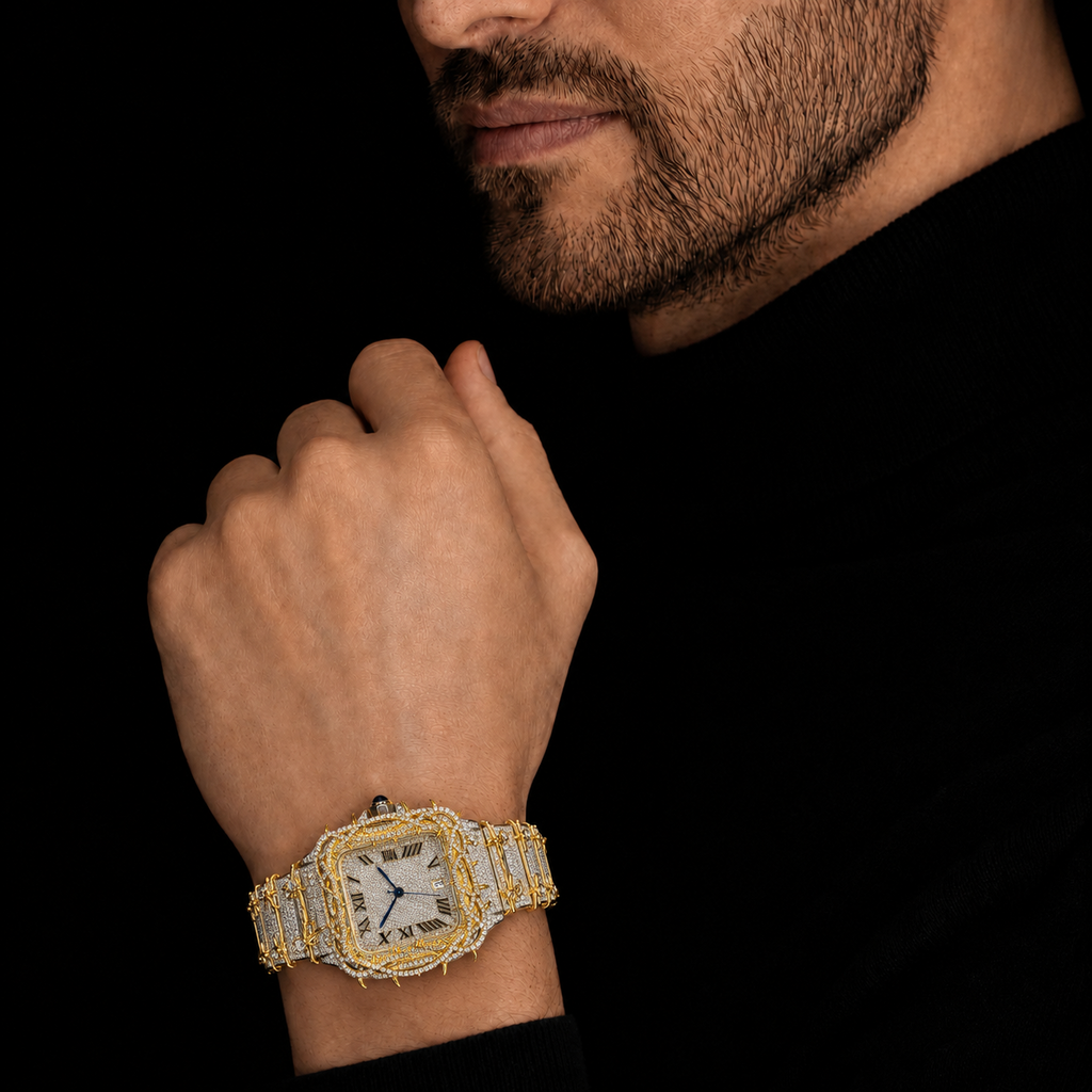 Royal Thorn Two-Tone Iced-Out Square Watch for Men