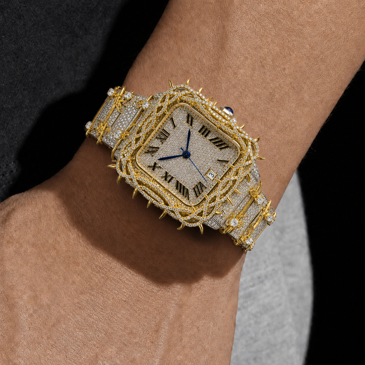 Royal Thorn Two-Tone Iced-Out Square Watch for Men