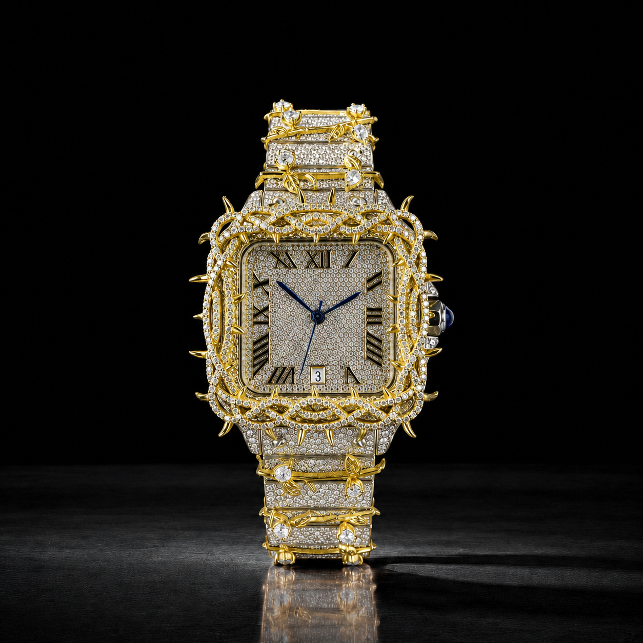 Royal Thorn Two-Tone Iced-Out Square Watch for Men