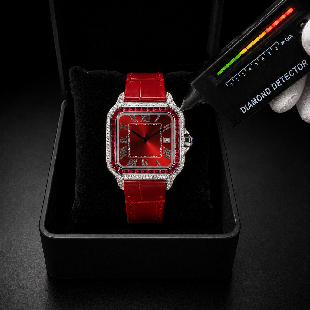 Square Red Dial Moissanite Watch with Iced Bezel – 41MM