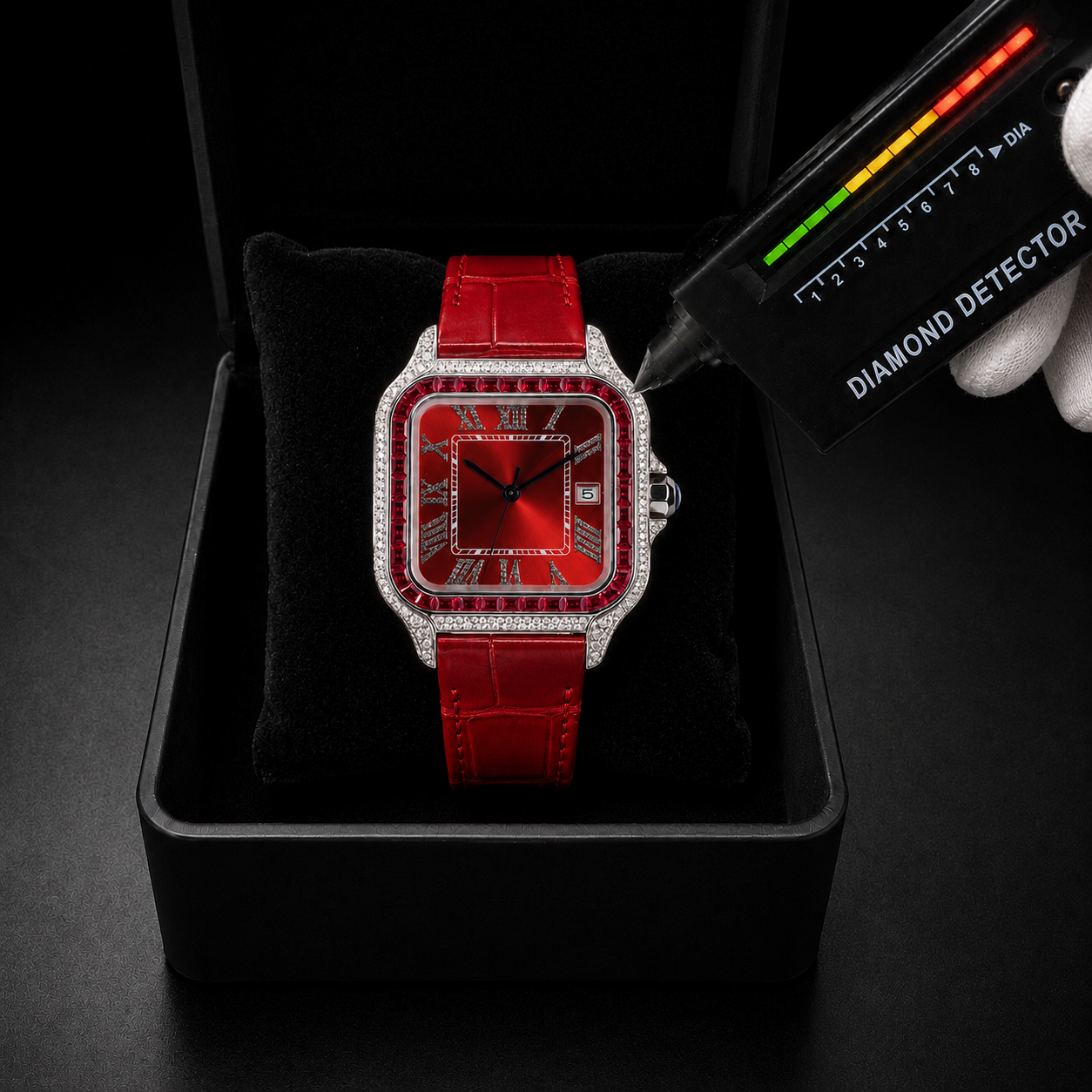 Square Red Dial Moissanite Watch with Iced Bezel – 41MM