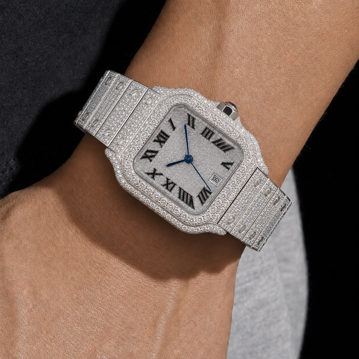 Men’s Bust Down VVS Moissanite Iced Out Watch with Roman Dial