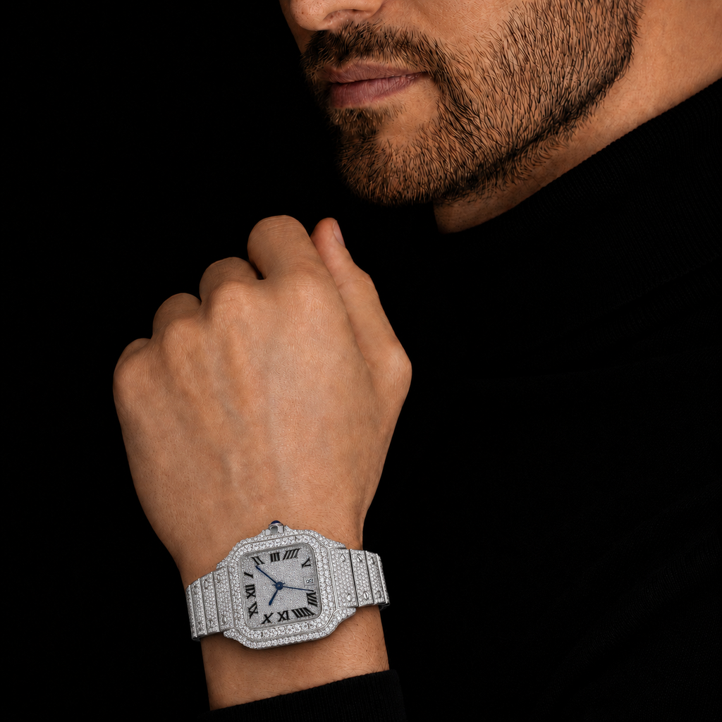 Men’s Bust Down VVS Moissanite Iced Out Watch with Roman Dial