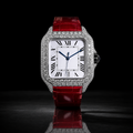 Men’s Iced Out Red Leather Strap VVS Moissanite Roman Dial Timepiece
