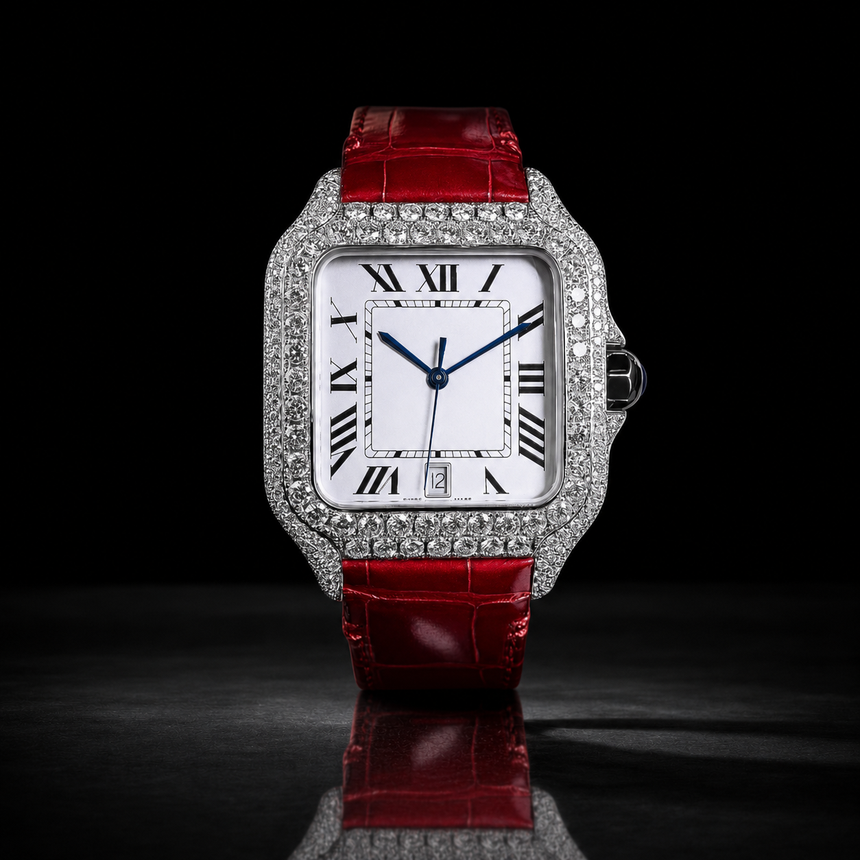 Men’s Iced Out Red Leather Strap VVS Moissanite Roman Dial Timepiece