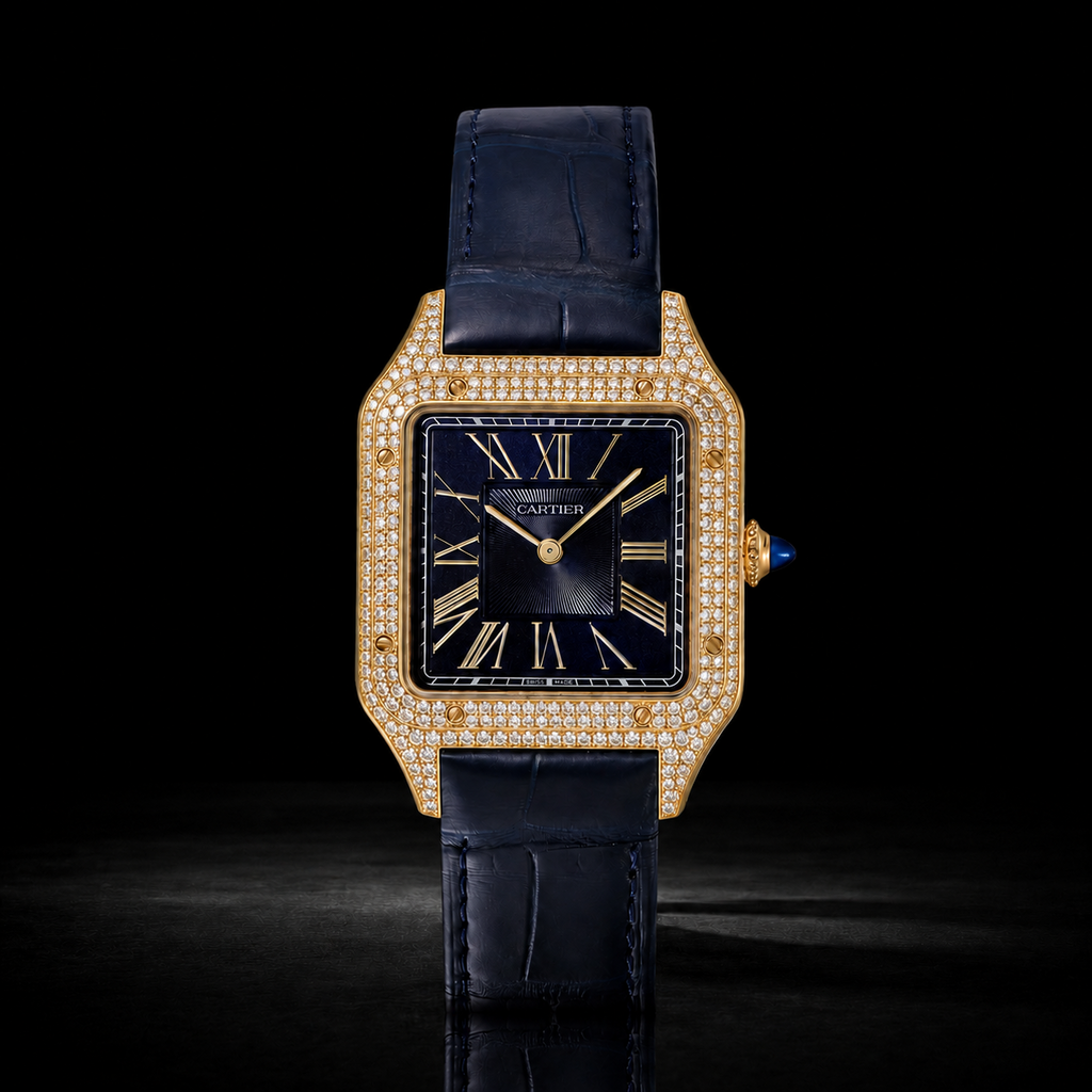 Men’s Gold Square Roman Dial Iced out with Navy Blue Leather Strap Watch