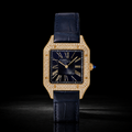 Men’s Gold Square Roman Dial Iced out with Navy Blue Leather Strap Watch