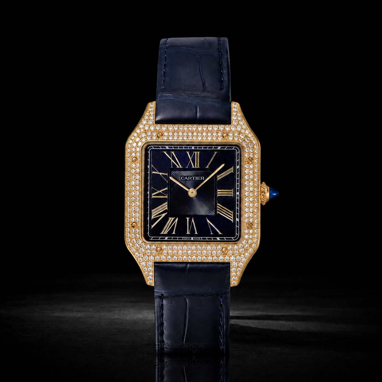 Men’s Gold Square Roman Dial Iced out with Navy Blue Leather Strap Watch