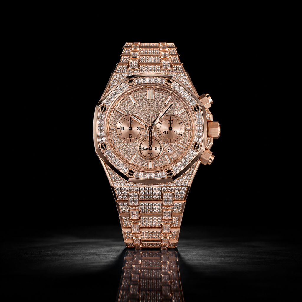 Men’s Rose Gold Iced Out Chronograph Watch with VVS Moissanite Detailing