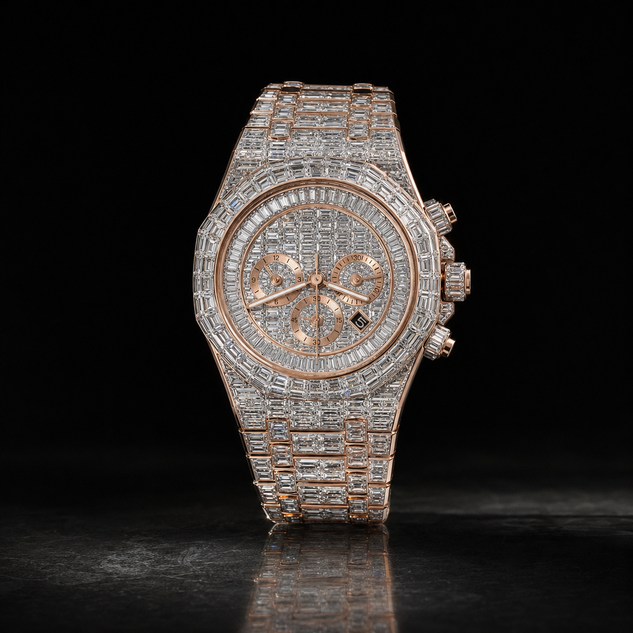 Rose Gold Full Baguette Iced Chronograph Moissanite Watch