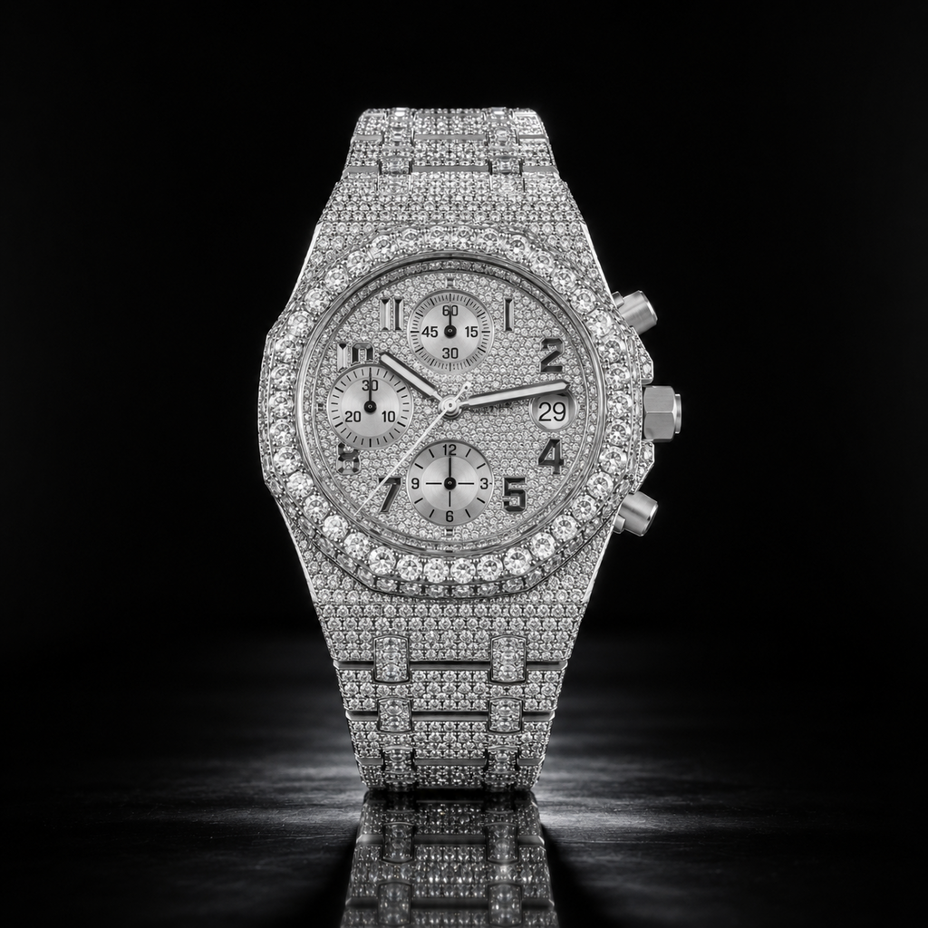 Iced Out Chronograph Watch and Black Rubber Strap with Rose Gold finish