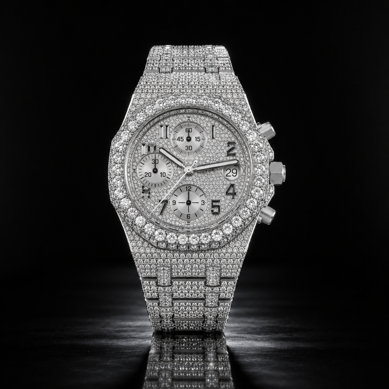 Iced Out Chronograph Watch and Black Rubber Strap with Rose Gold finish