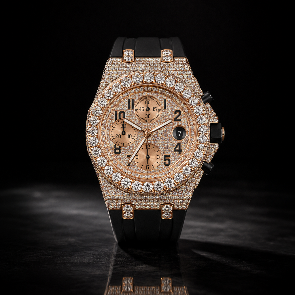 Iced Out Chronograph Watch and Black Rubber Strap with Rose Gold finish
