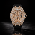 Iced Out Chronograph Watch and Black Rubber Strap with Rose Gold finish