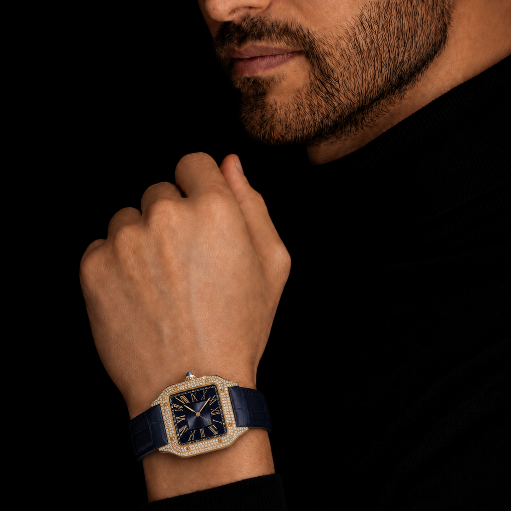Men’s Gold Square Roman Dial Iced out with Navy Blue Leather Strap Watch