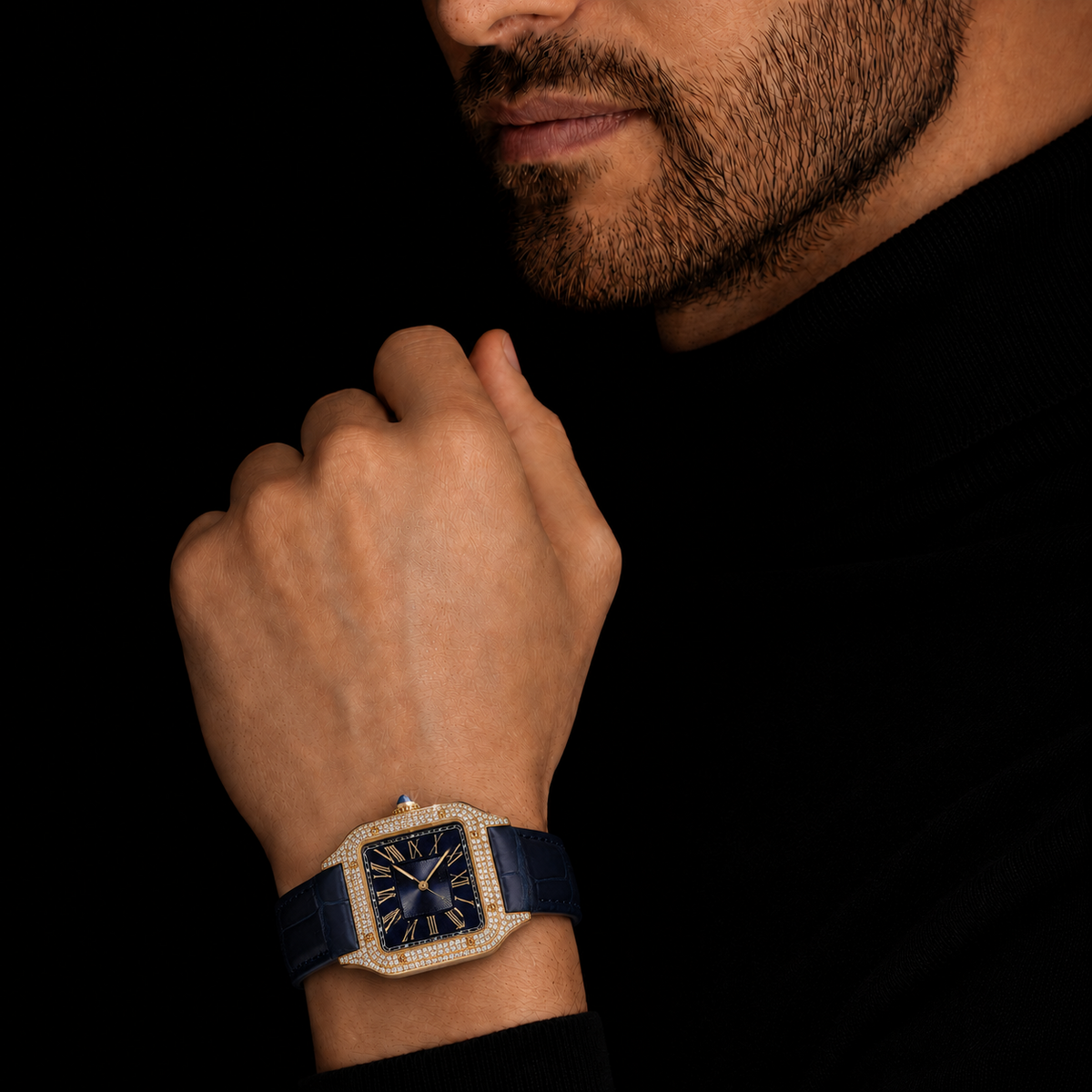 Men’s Gold Square Roman Dial Iced out with Navy Blue Leather Strap Watch