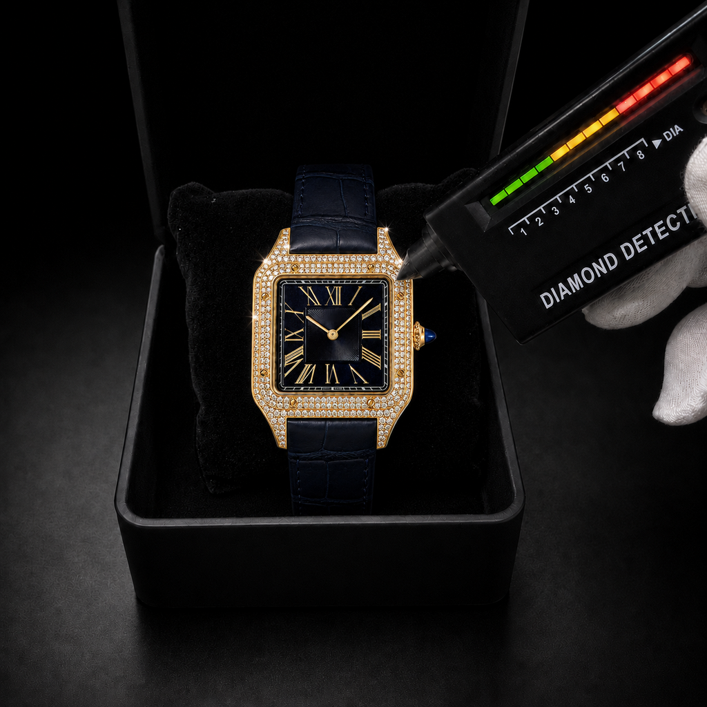 Men’s Gold Square Roman Dial Iced out with Navy Blue Leather Strap Watch