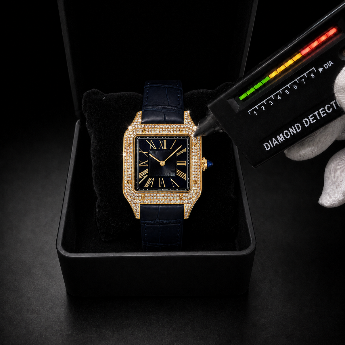 Men’s Gold Square Roman Dial Iced out with Navy Blue Leather Strap Watch