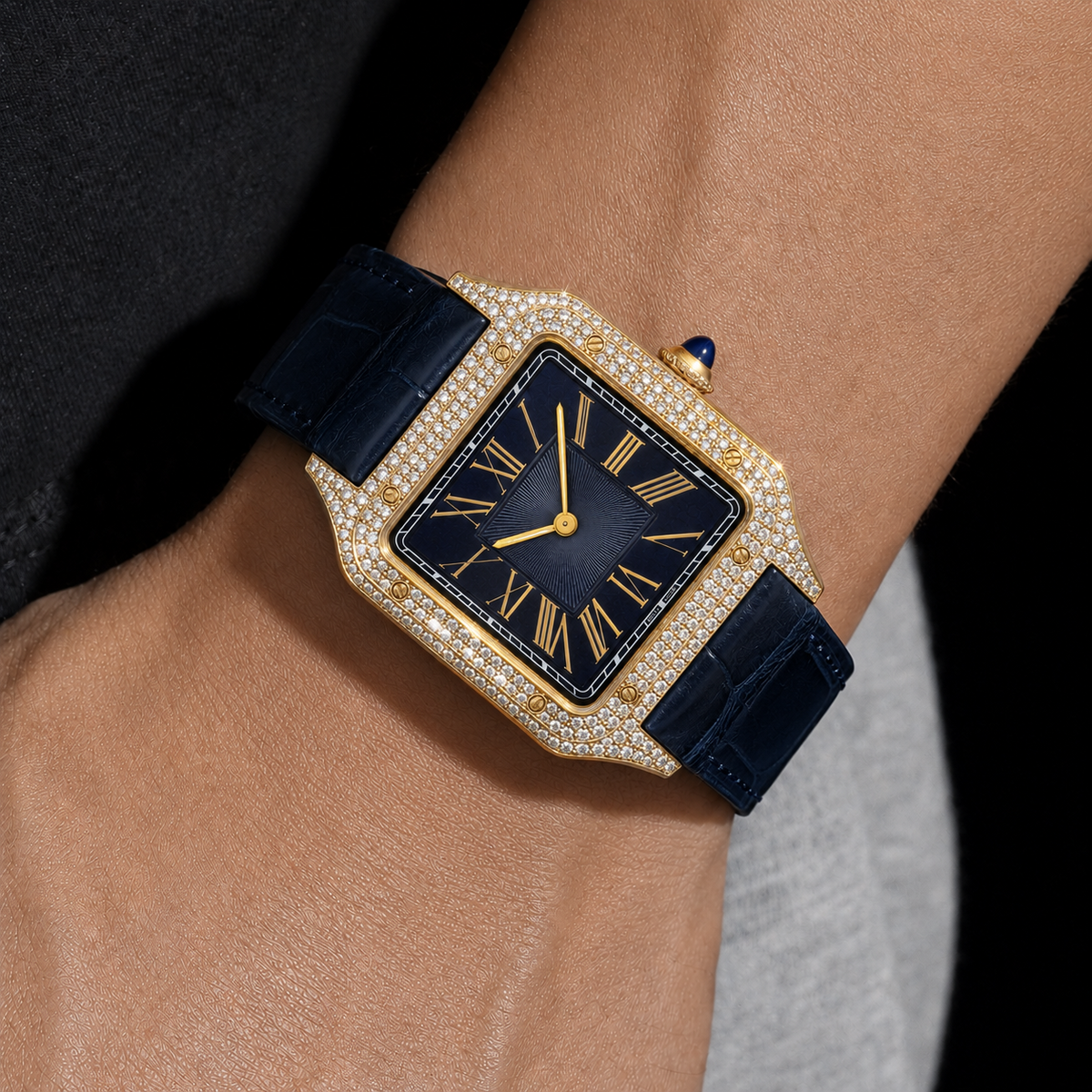 Men’s Gold Square Roman Dial Iced out with Navy Blue Leather Strap Watch