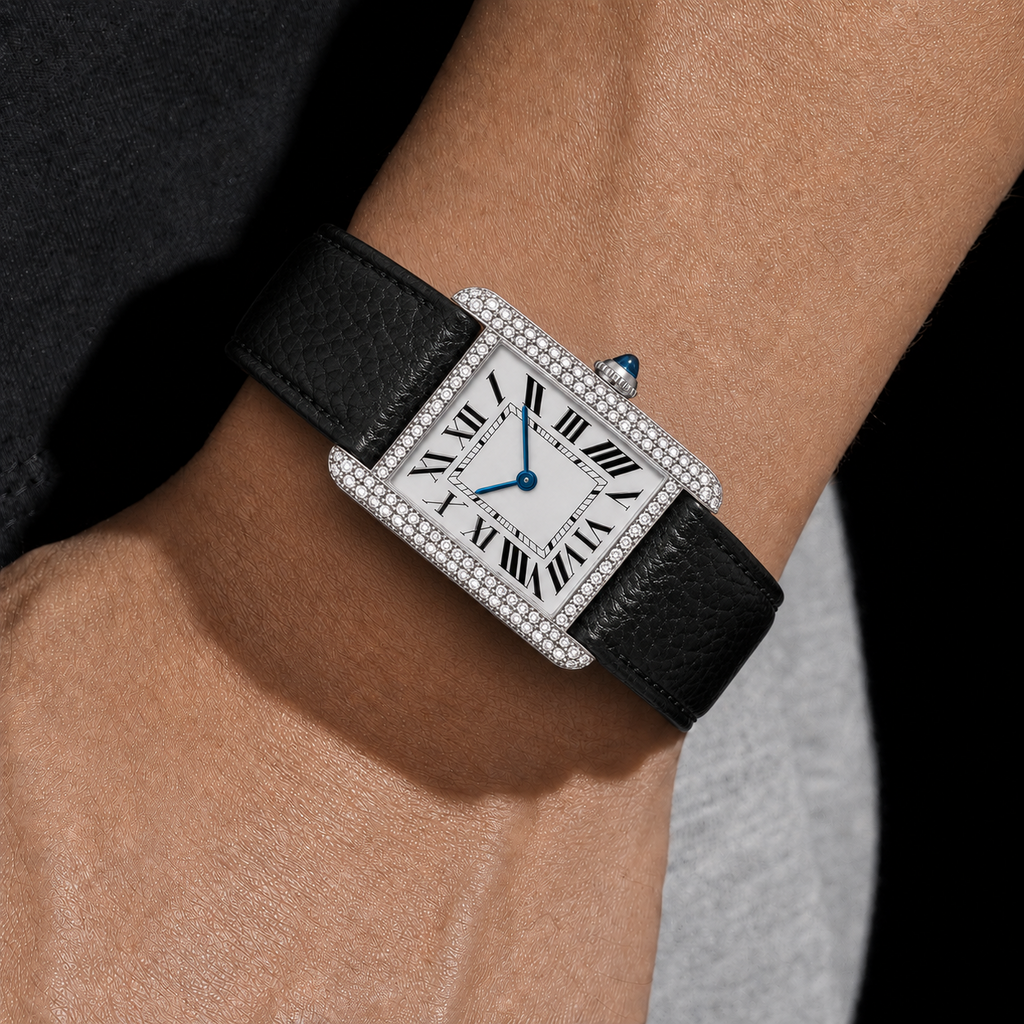 Men’s Iced Out Black Leather Strap Watch with  VVS Roman Dial