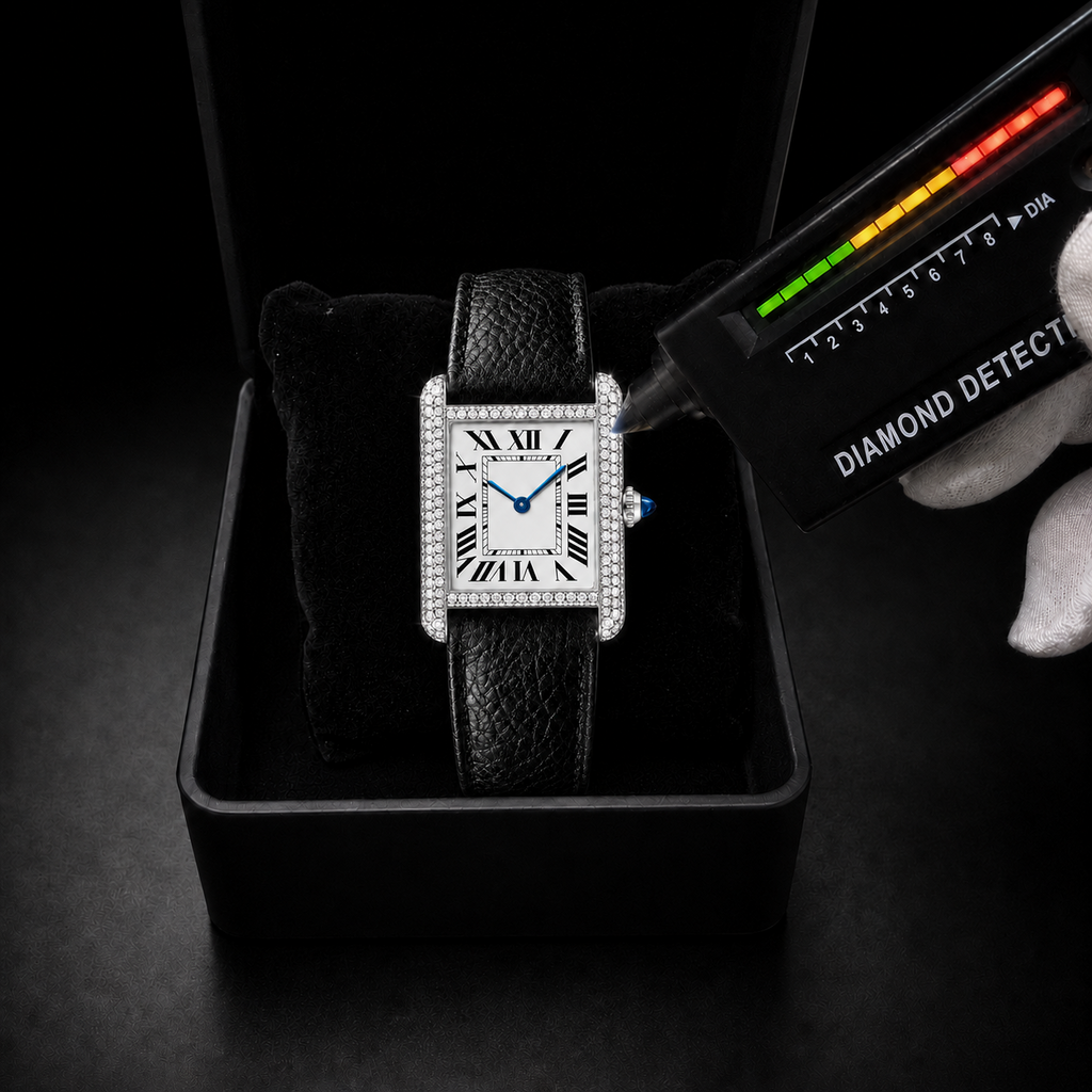 Men’s Iced Out Black Leather Strap Watch with  VVS Roman Dial