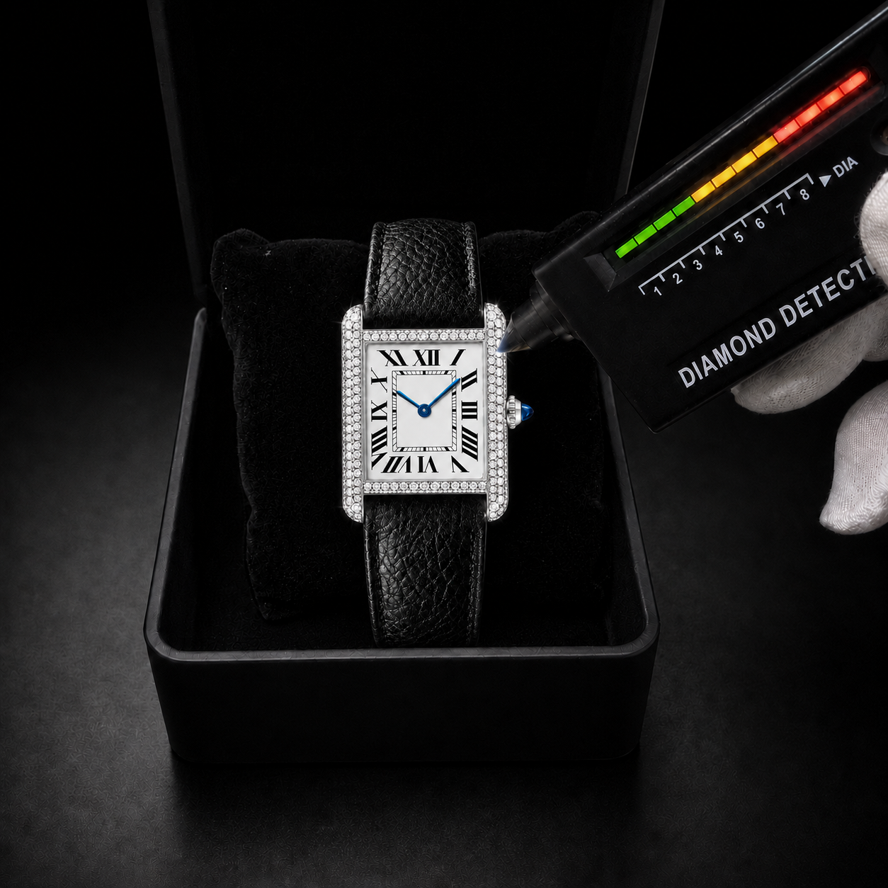 Men’s Iced Out Black Leather Strap Watch with  VVS Roman Dial