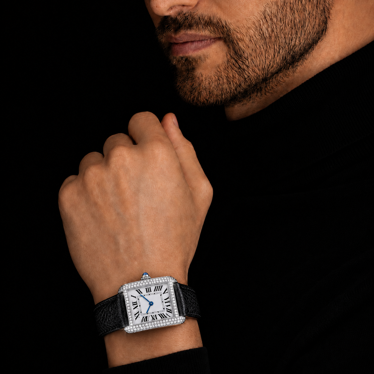 Men’s Iced Out Black Leather Strap Watch with  VVS Roman Dial