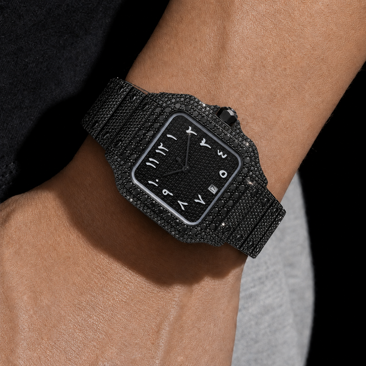 Men’s Black Iced Out Arabic Dial Watch  Fully Bust Down