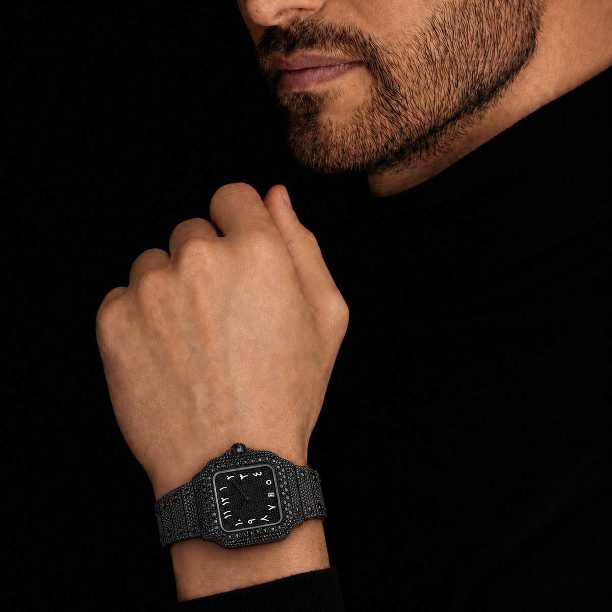 Men’s Black Iced Out Arabic Dial Watch  Fully Bust Down