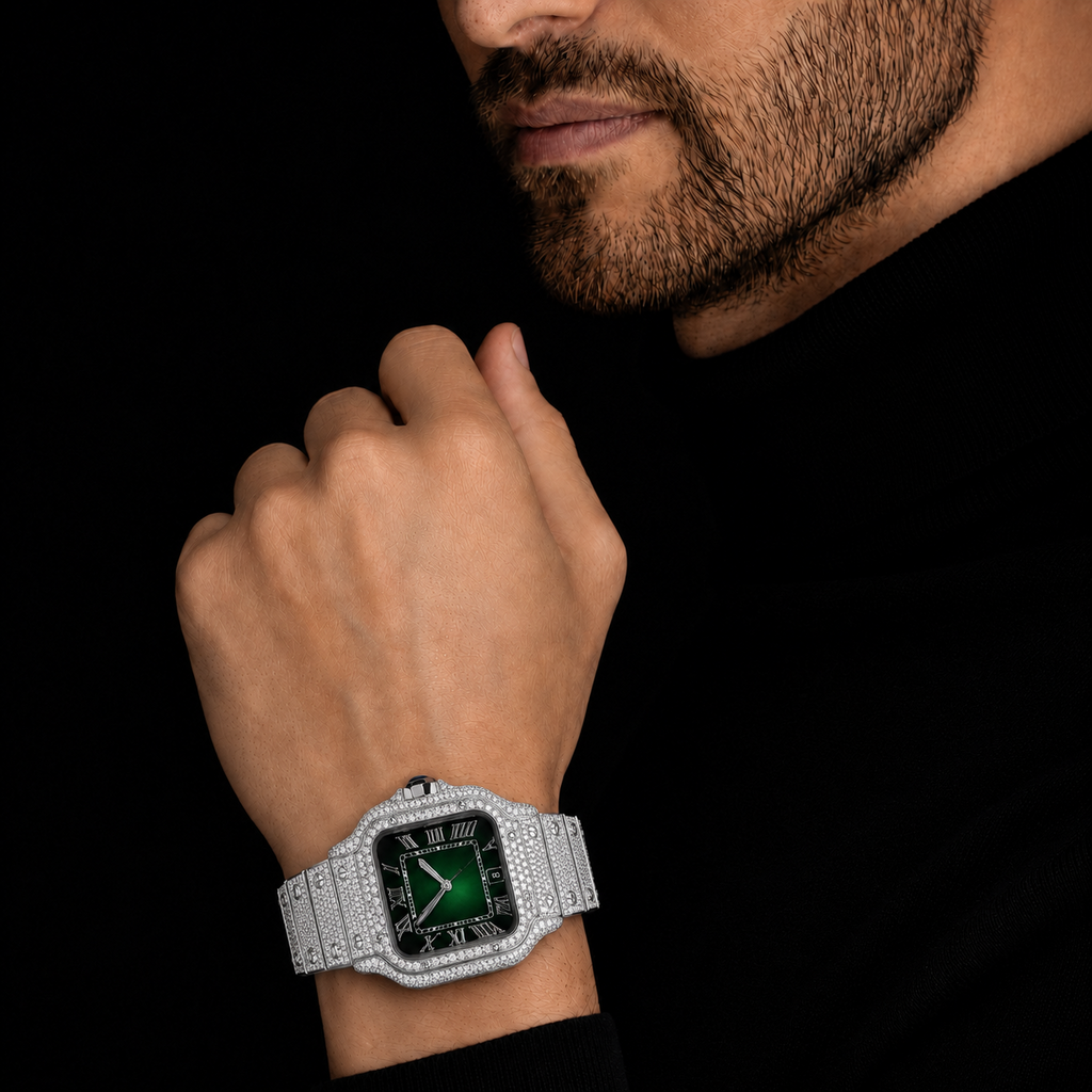 Men’s Iced Out Green VVS Moissanite Roman Dial Watch