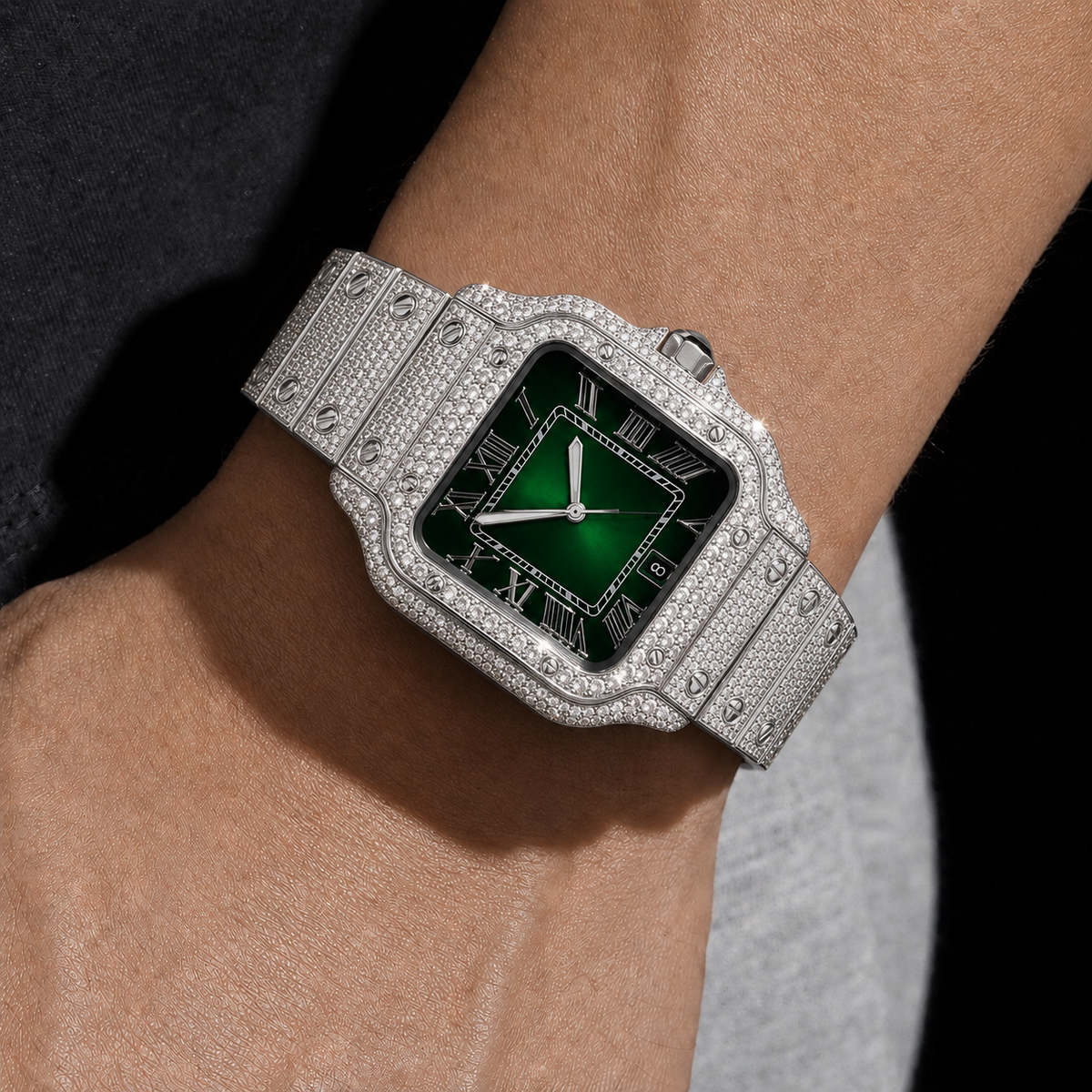 Men’s Iced Out Green VVS Moissanite Roman Dial Watch