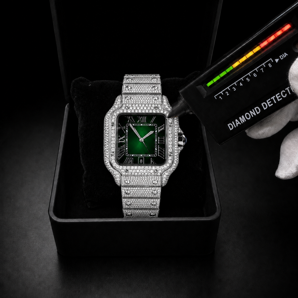 Men’s Iced Out Green VVS Moissanite Roman Dial Watch