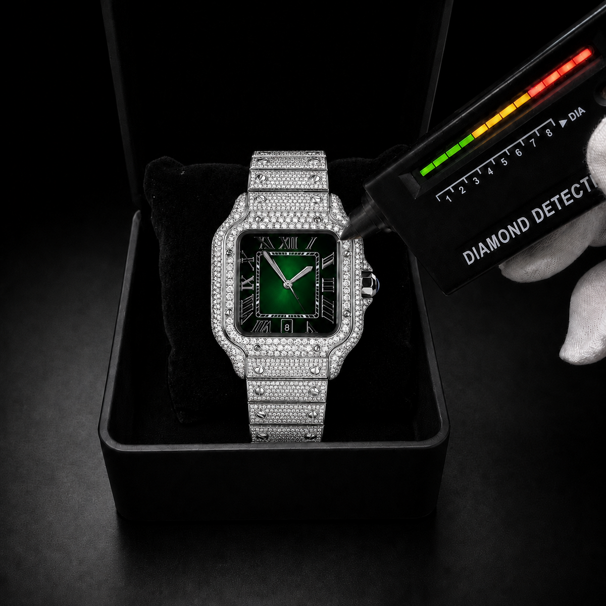 Men’s Iced Out Green VVS Moissanite Roman Dial Watch