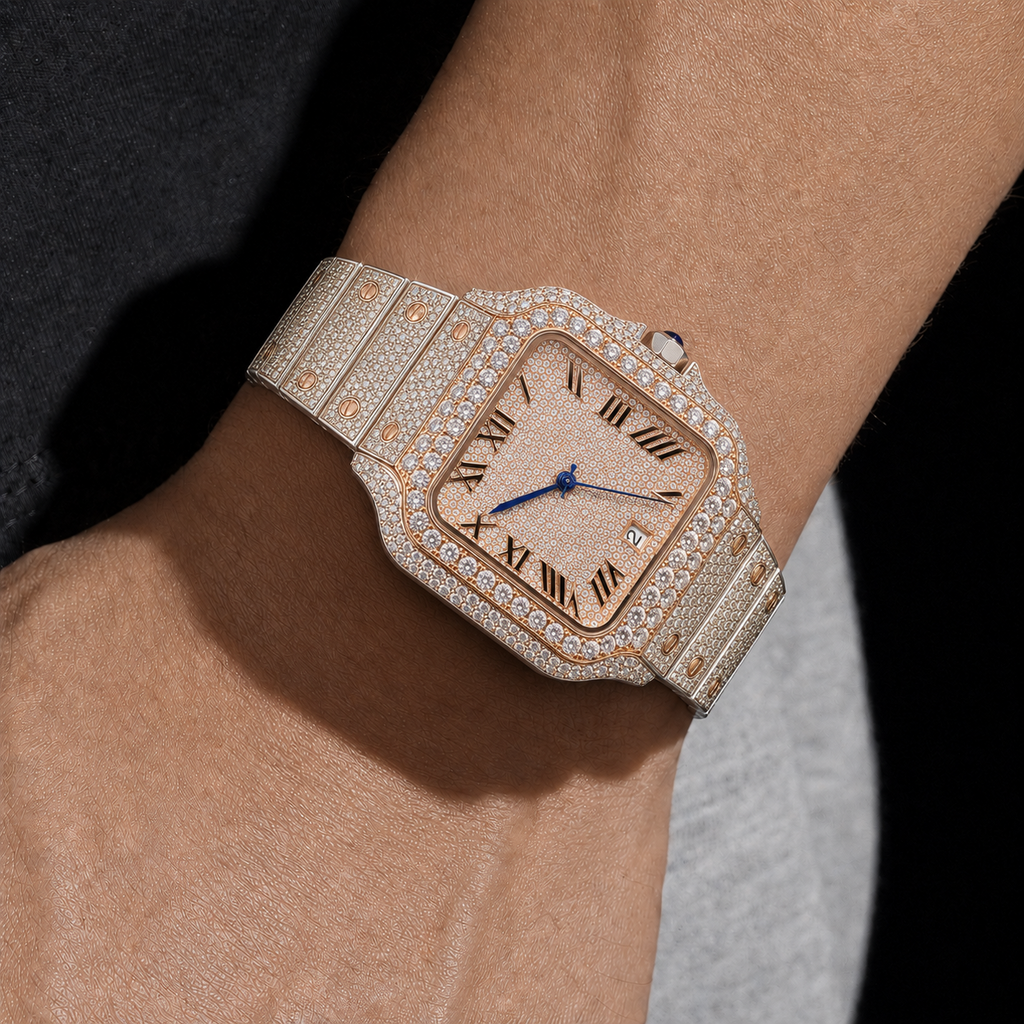 Men's Rose Gold Roman Dial VVS Moissanite Iced Out Watch