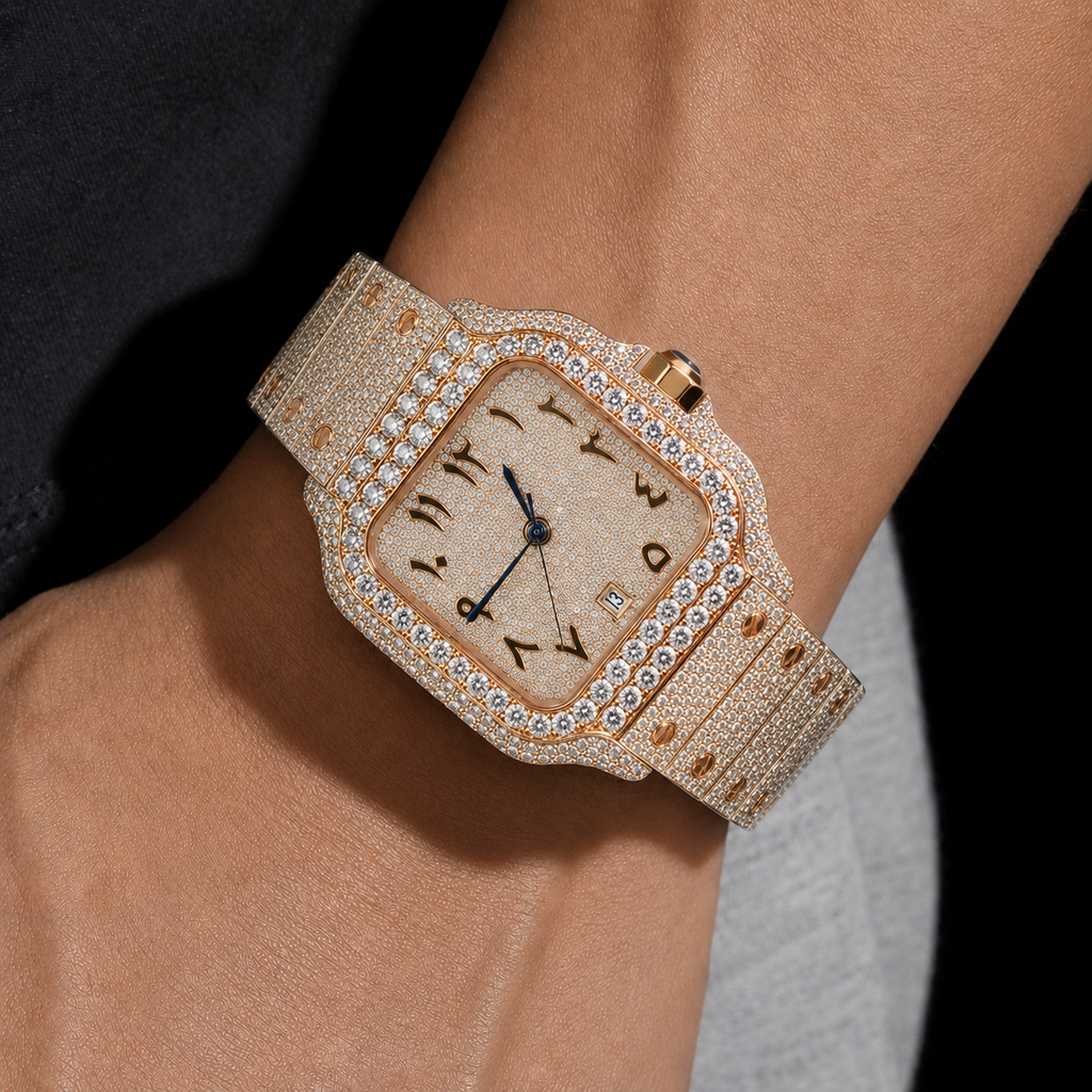 Men’s Two Tone Moissanite Iced Out Watch with Arabic Dial
