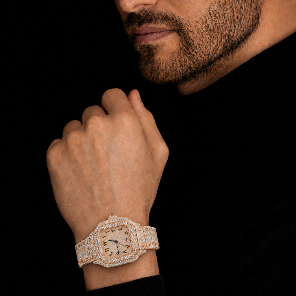 Men’s Two Tone Moissanite Iced Out Watch with Arabic Dial