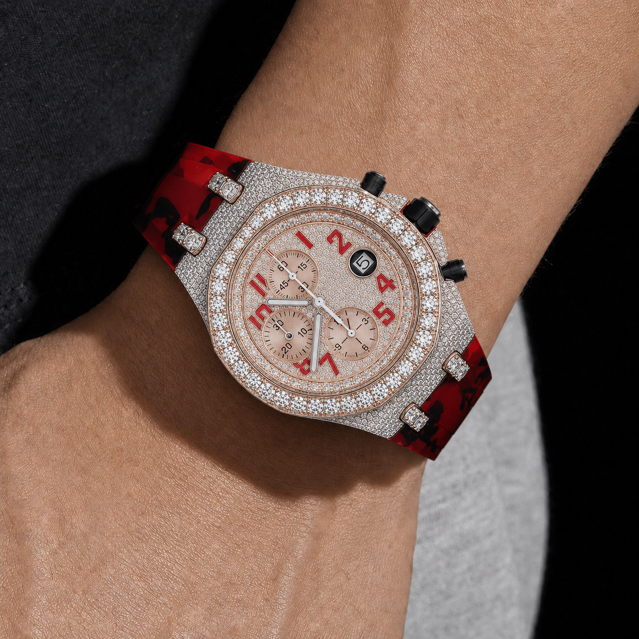 Men’s Red Strap  Luxury Iced Out Chronograph Sport Timepiece