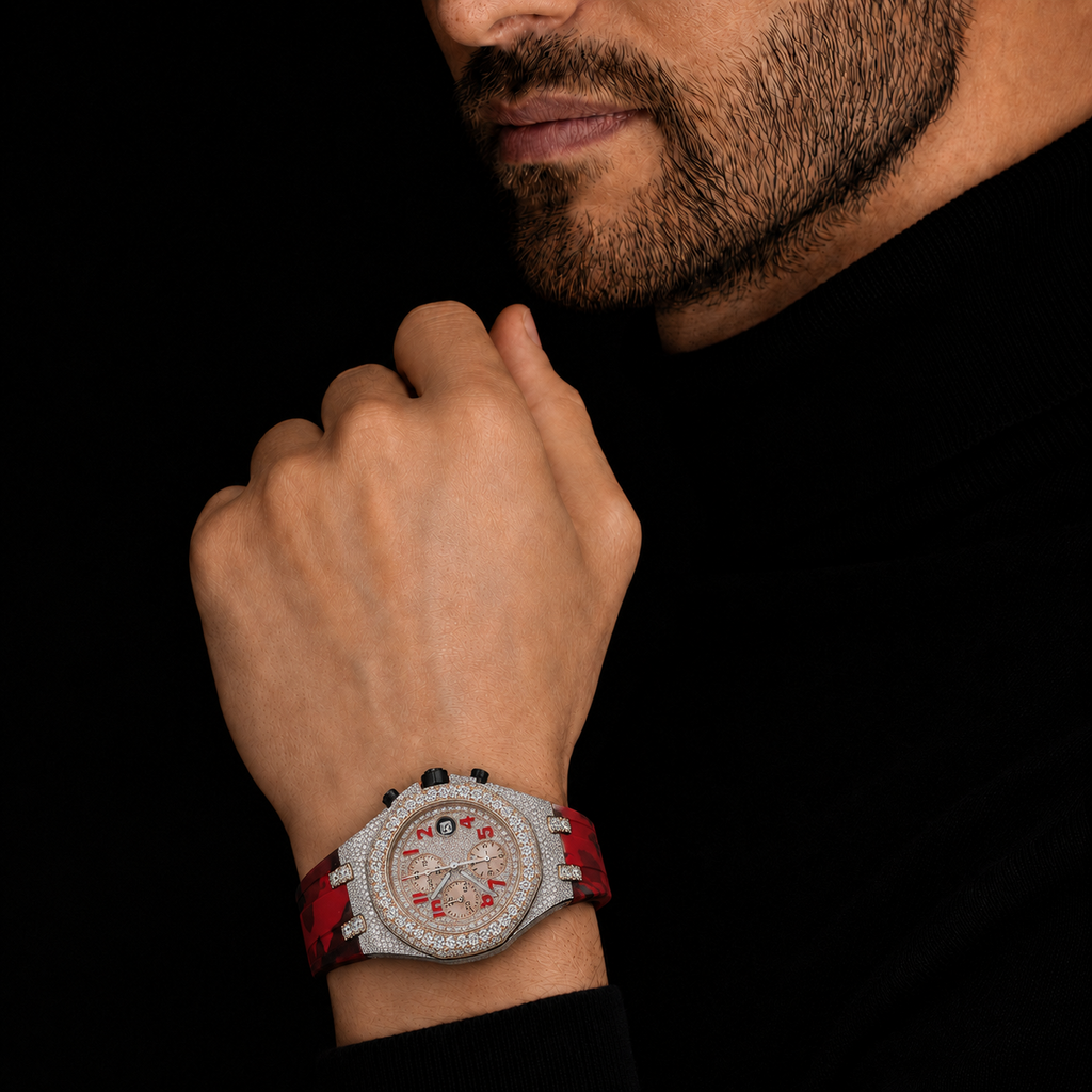 Men’s Red Strap  Luxury Iced Out Chronograph Sport Timepiece