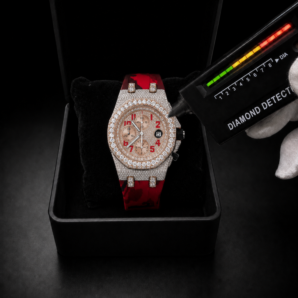 Men’s Red Strap  Luxury Iced Out Chronograph Sport Timepiece