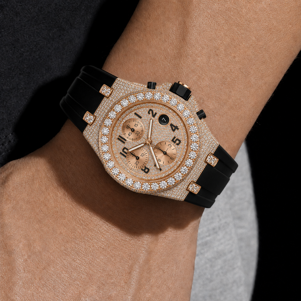 Iced Out Chronograph Watch and Black Rubber Strap with Rose Gold finish