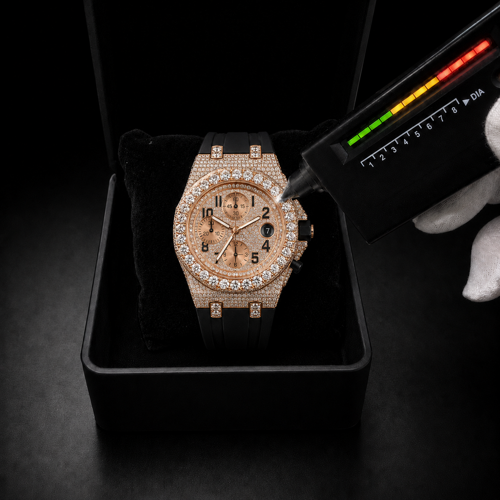 Iced Out Chronograph Watch and Black Rubber Strap with Rose Gold finish