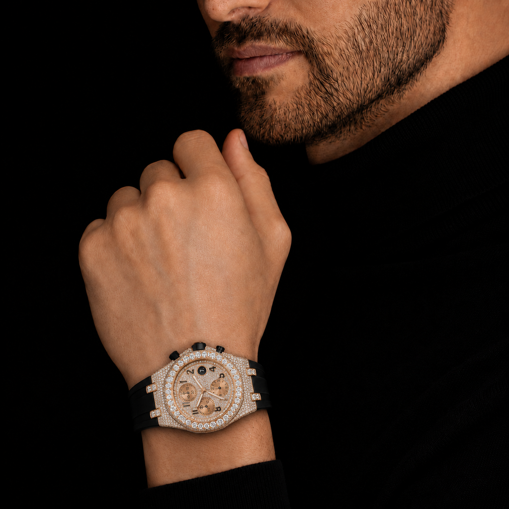 Iced Out Chronograph Watch and Black Rubber Strap with Rose Gold finish