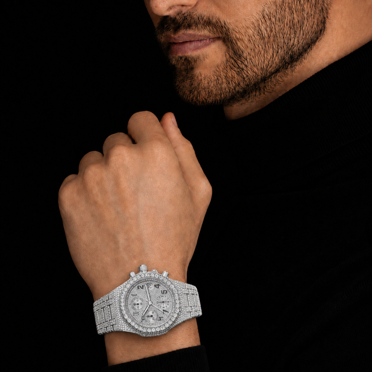 Men’s Silver Iced Out Chronograph  Full Bust Down Bracelet Timepiece