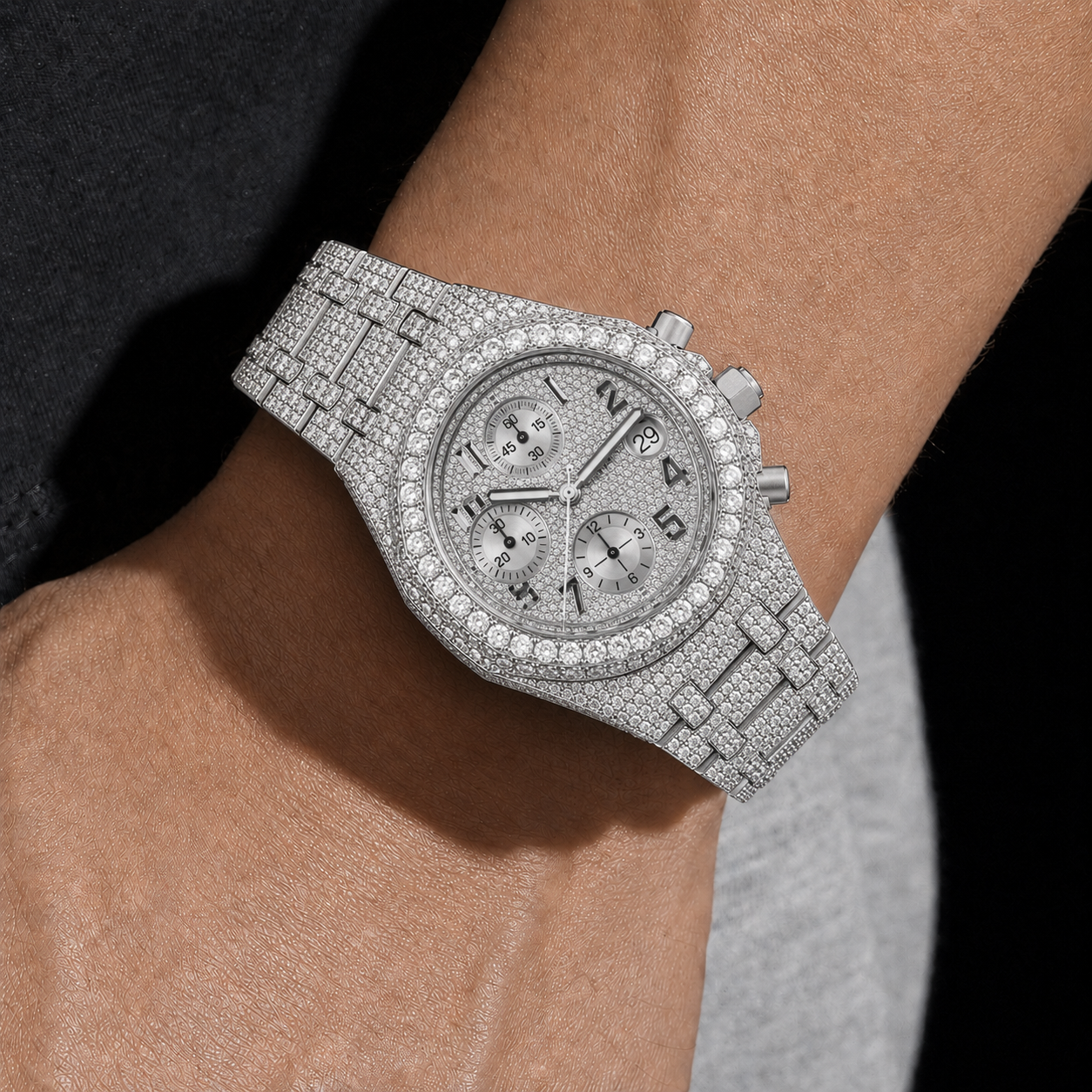 Men’s Silver Iced Out Chronograph  Full Bust Down Bracelet Timepiece
