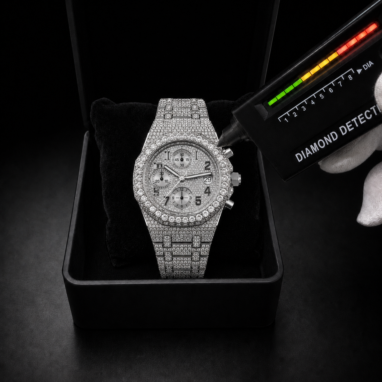 Men’s Silver Iced Out Chronograph  Full Bust Down Bracelet Timepiece