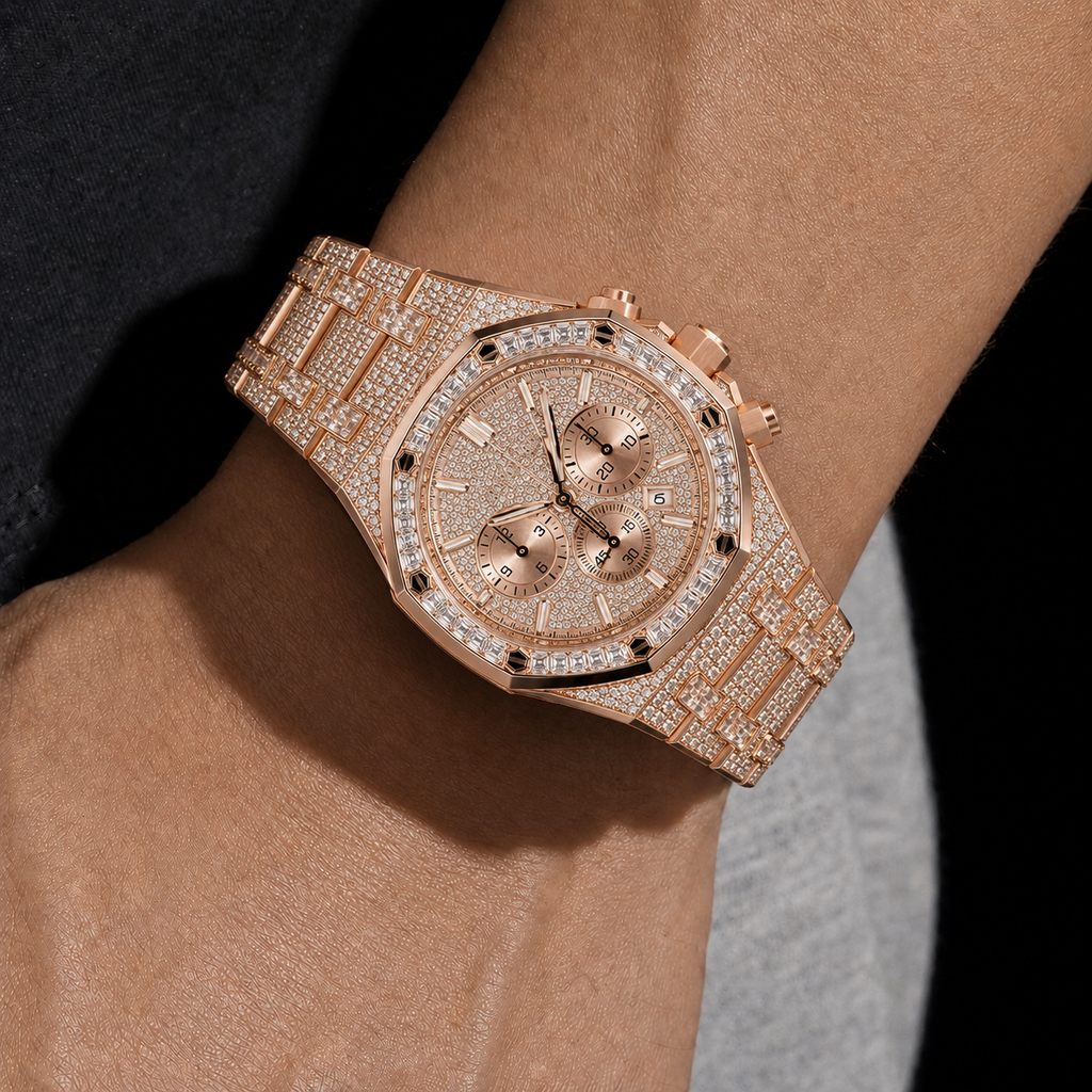 Men’s Rose Gold Iced Out Chronograph Watch with VVS Moissanite Detailing