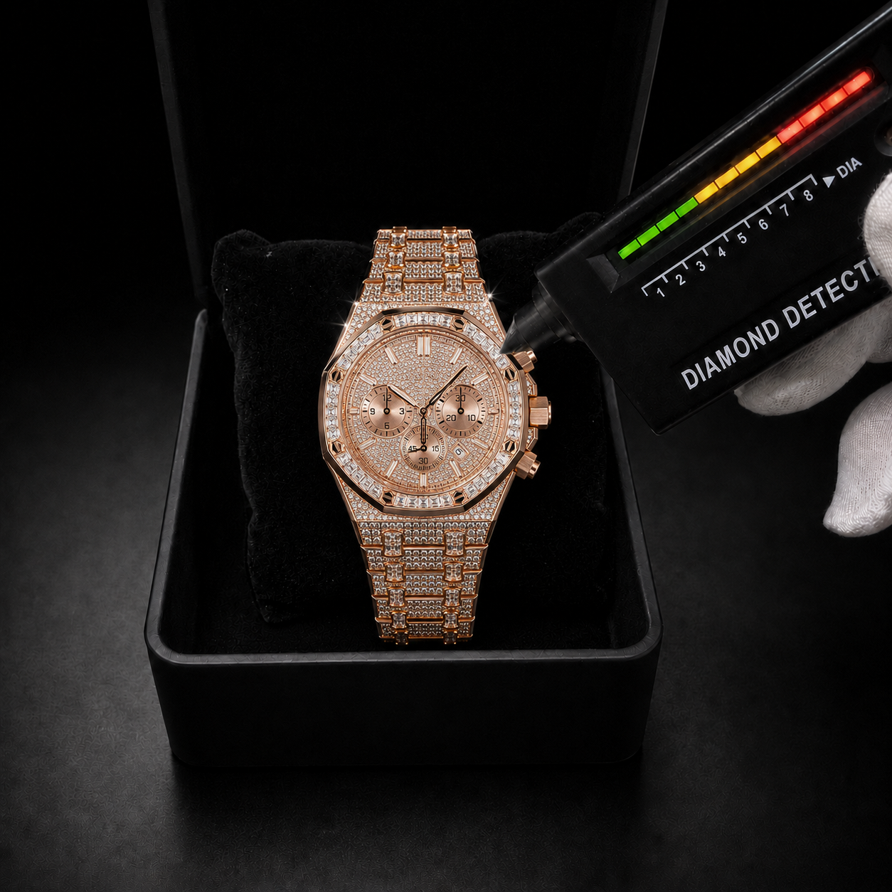 Men’s Rose Gold Iced Out Chronograph Watch with VVS Moissanite Detailing