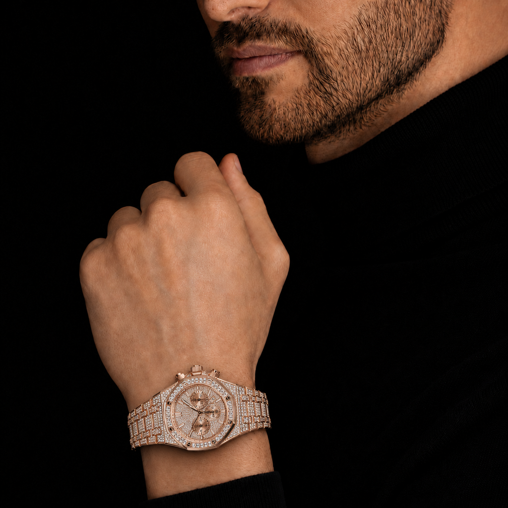 Men’s Rose Gold Iced Out Chronograph Watch with VVS Moissanite Detailing