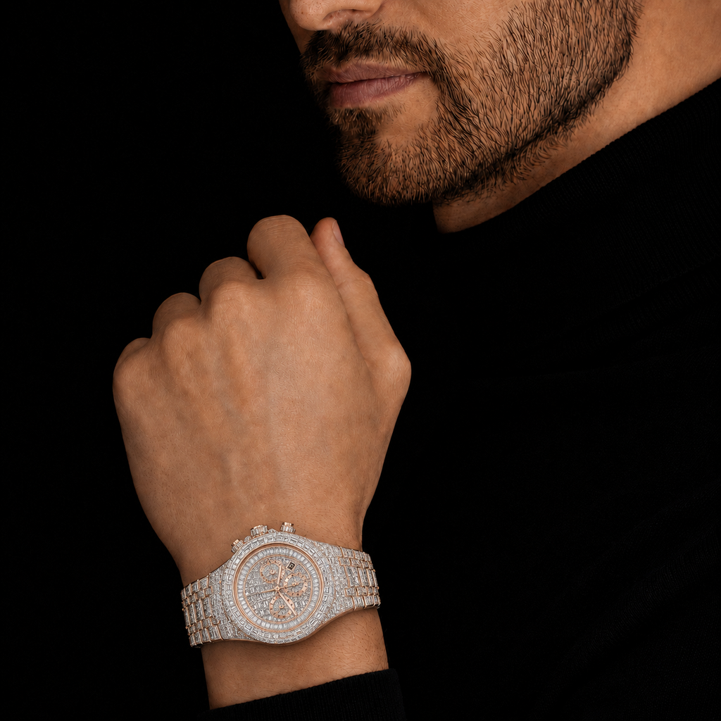 Rose Gold Full Baguette Iced Chronograph Moissanite Watch