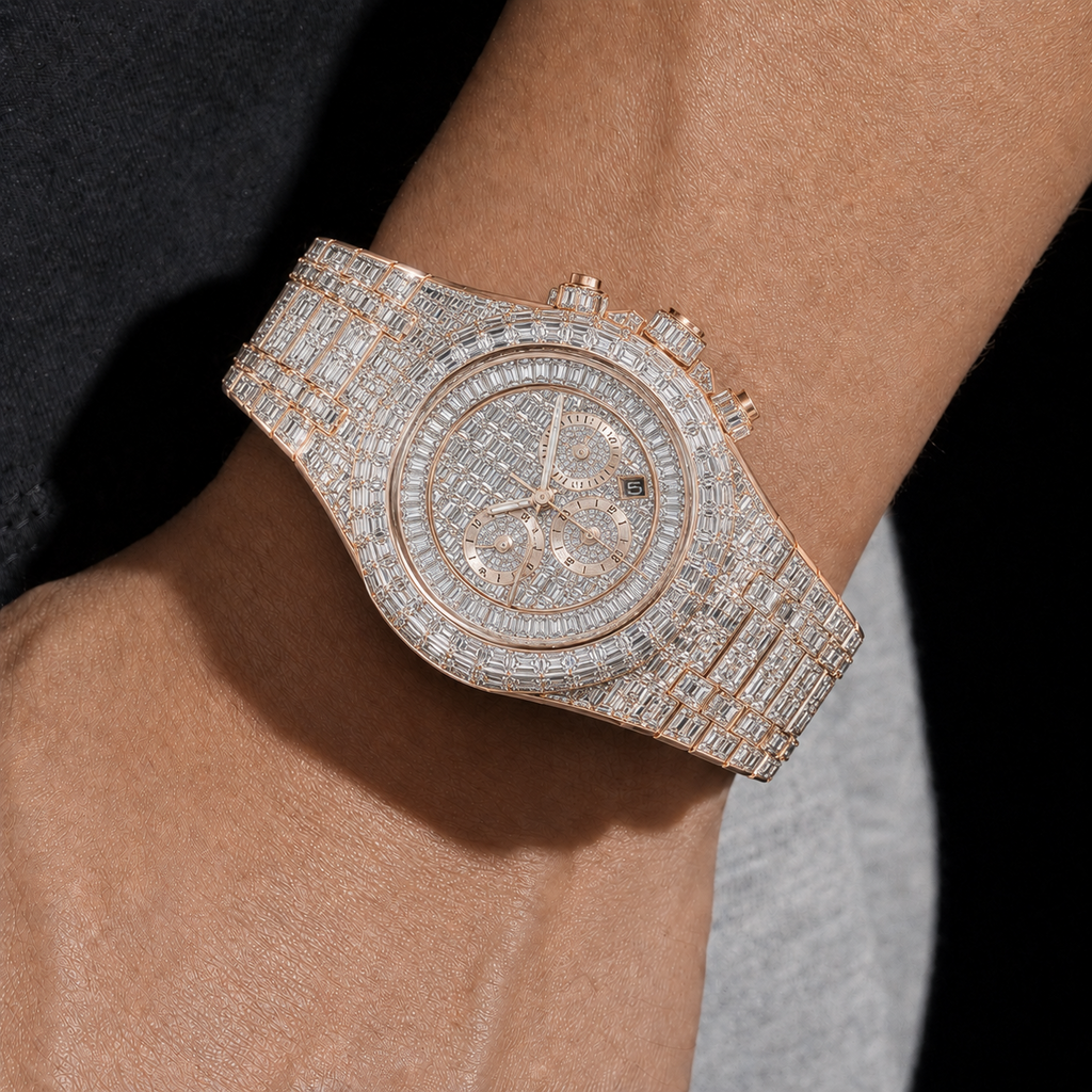 Rose Gold Full Baguette Iced Chronograph Moissanite Watch